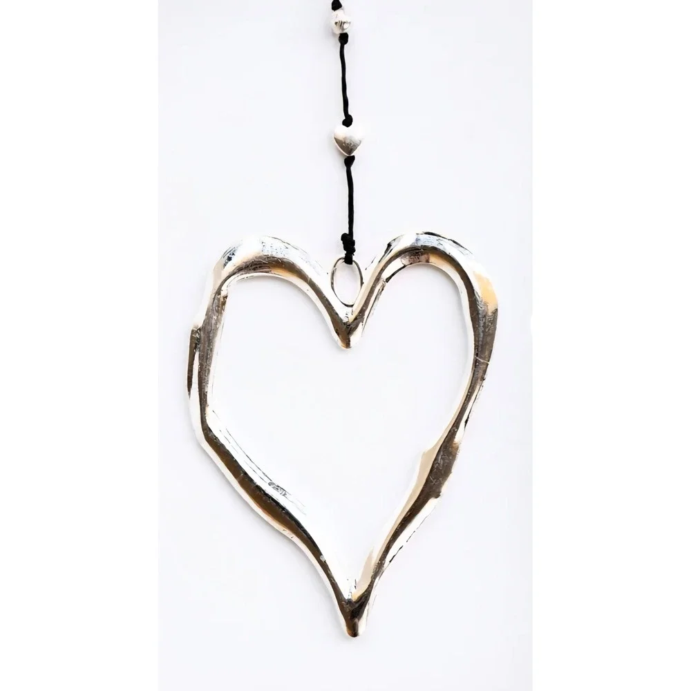 Oversized Hammered Open Heart Pendant Long Black Cord Necklace Silver Tone 17